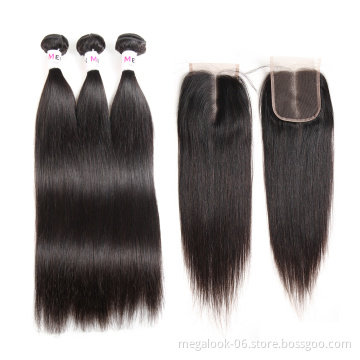 Grade 8A 9A Straight Remy Virgin Peruvian Human Hair Weaving 3Pcs 4Pcs Lot With 4X4 Silk Base Lace Closure